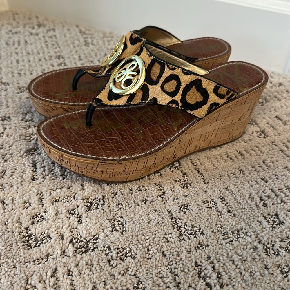 Sam Edelman Leopard Print Wedge Sandals with Gold Emblems
